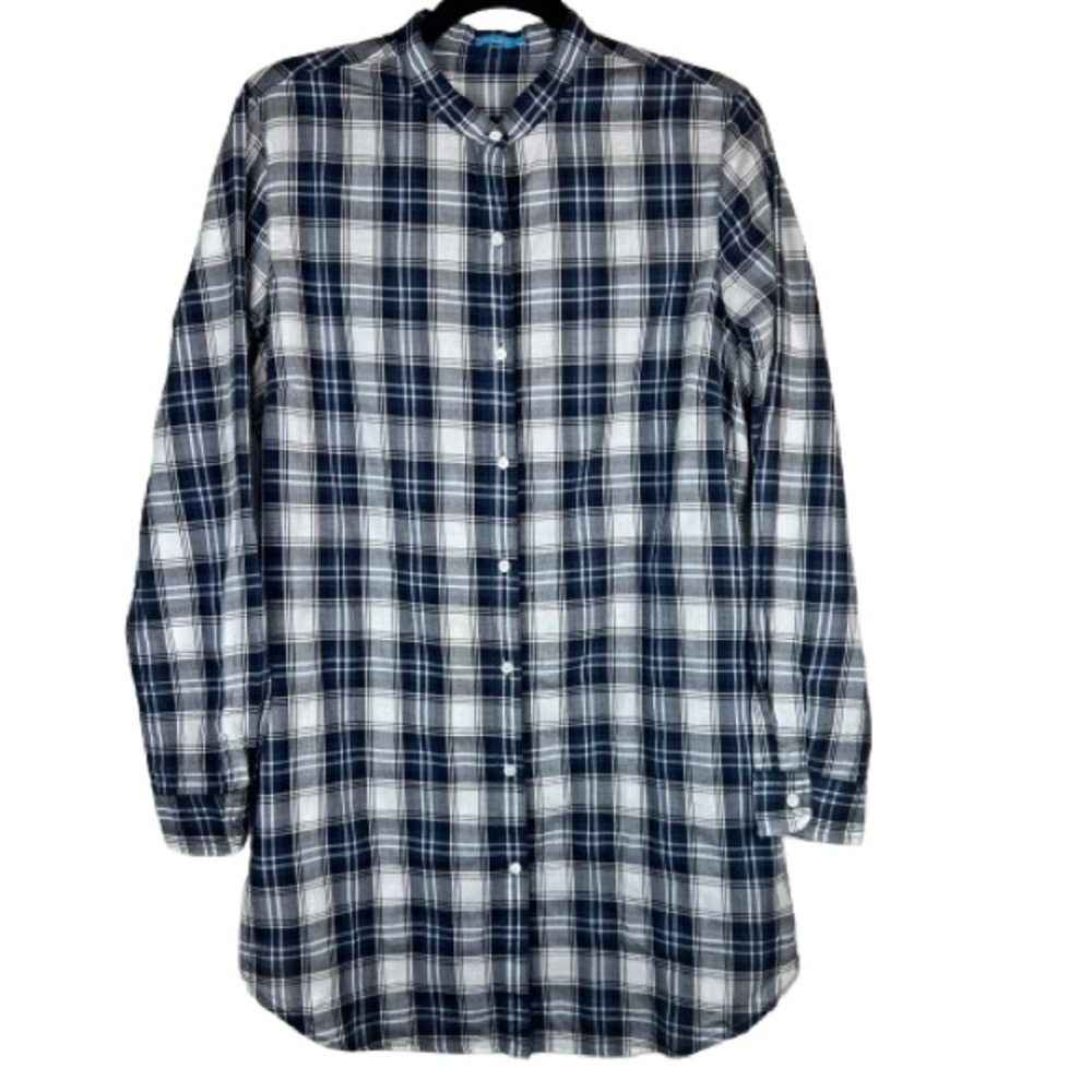 J.McLaughlin Plaid Tunic Shirt Dress Women’s Med Cotton Navy White Long Sleeve